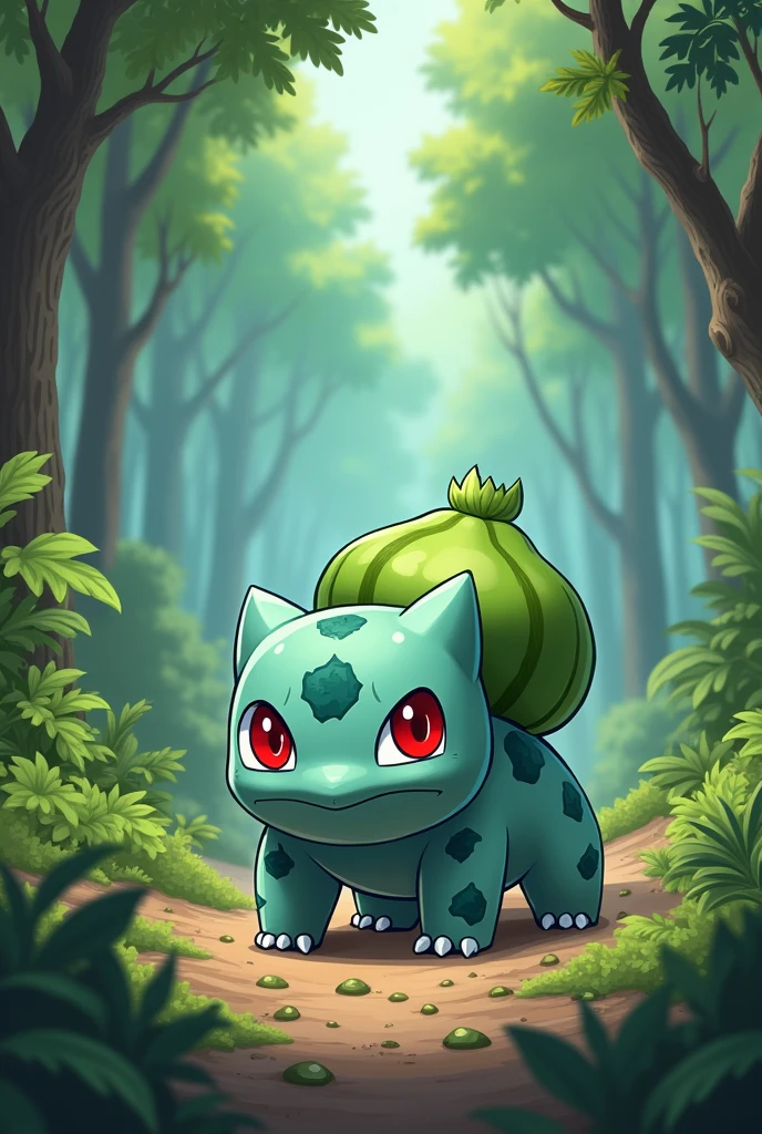 Create an image of a bulbasaur funko pop tcg card in cartoon style with a forest in the background. The character in an action scene