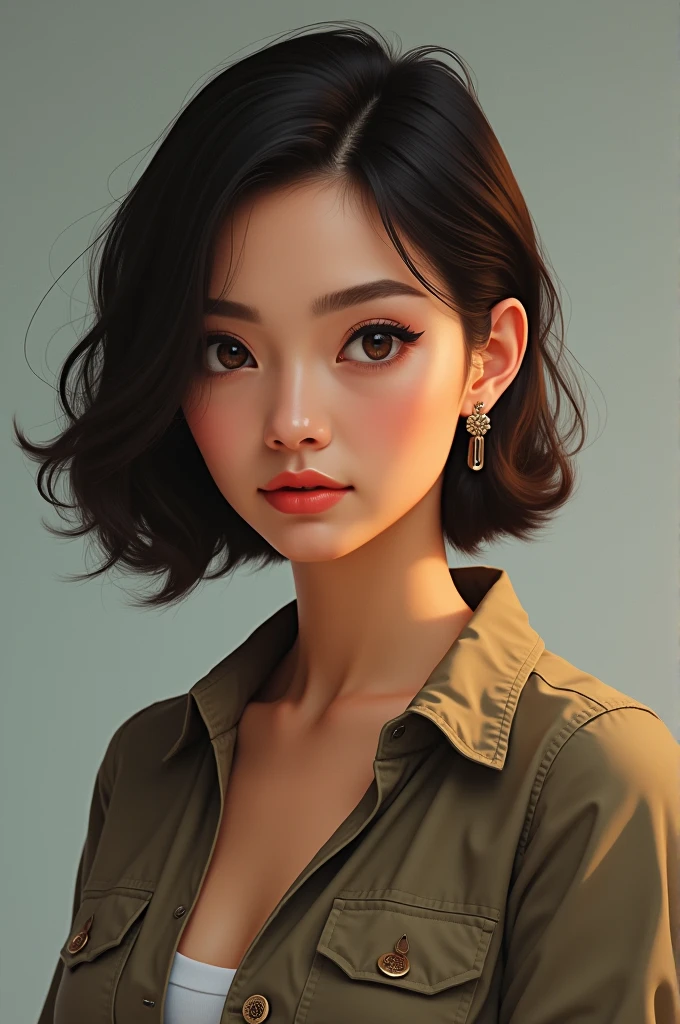 Generates the image of a woman with a wide build, Oval face, small, upturned nose and short hair