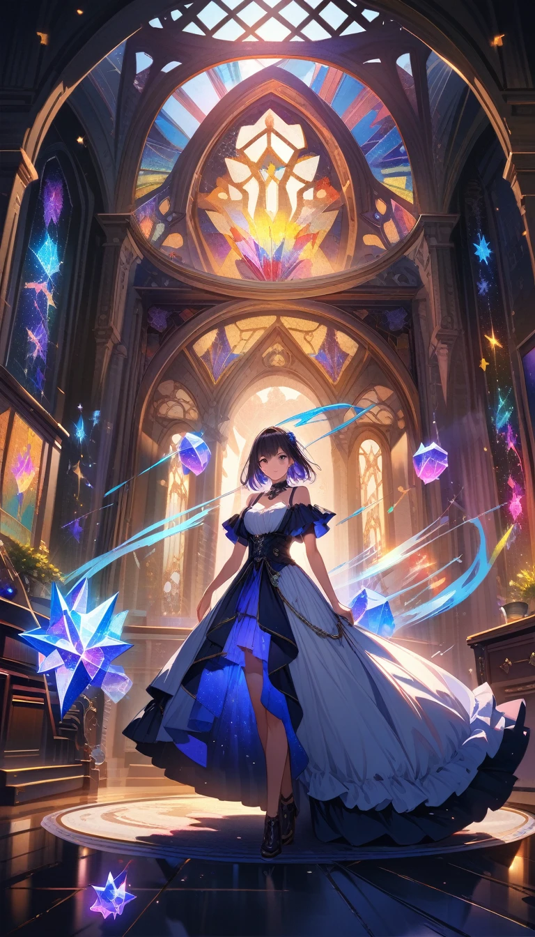 A girl is dancing acrobatically in the starry sky, surrounded by constellations, on black background, white stars and lines forming constellations around her silhouette, light art installation style, high resolution, dreamy effect, fantastic scenery, minimalist design. --ar 3:4 --niji 6, A vibrant, detailed digital painting of an enchanted room filled with magical blue and purple crystal objects, tarot cards, amulets, runes on the walls, shelves, tables, couches, windows, magical artifacts like glowing crystals, ornate wooden furniture. The color scheme is vivid and striking, creating a dreamy atmosphere. colorful illustrations, highly detailed, high resolution, natural lighting, sharp focus, highly detailed illustration, high definition, in the style of octane rendering, hyper realistic. --ar 3:4 --niji 6, ((32k)), ((best quality)), ((ultra high res)), ((HDR)), ((UHD)), ((extremely detailed CG)), ((unity 32k wallpaper)), ((illustration)),