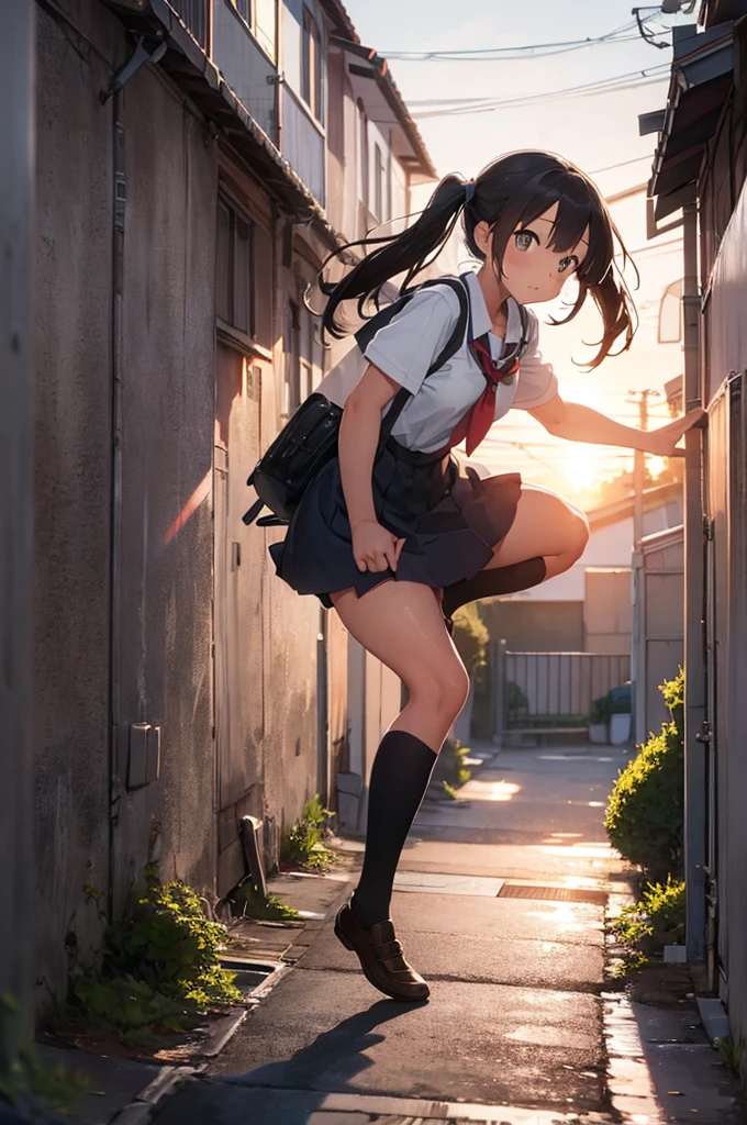 girl in school uniform with a grey cat hopping, alleyway, sunset, 50mm lens