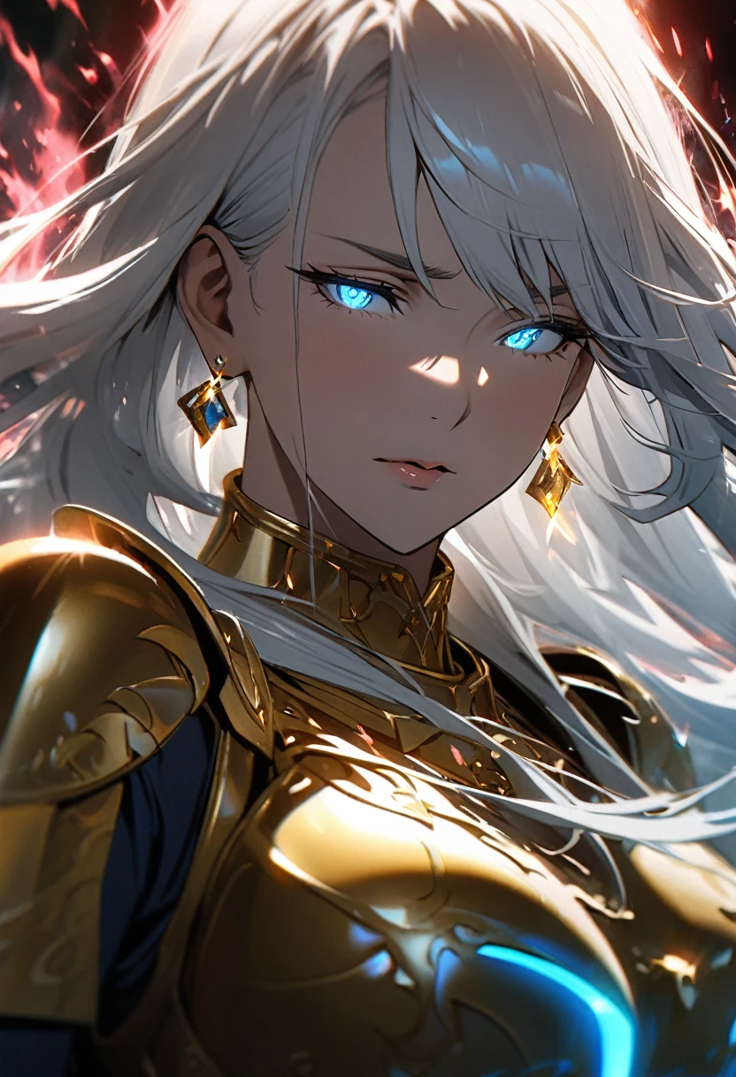 girl, blue eyes, long hair, white hair, mature, diamond earings, holo, aura , golden armor, macro picture, half eyes, glowing eyes