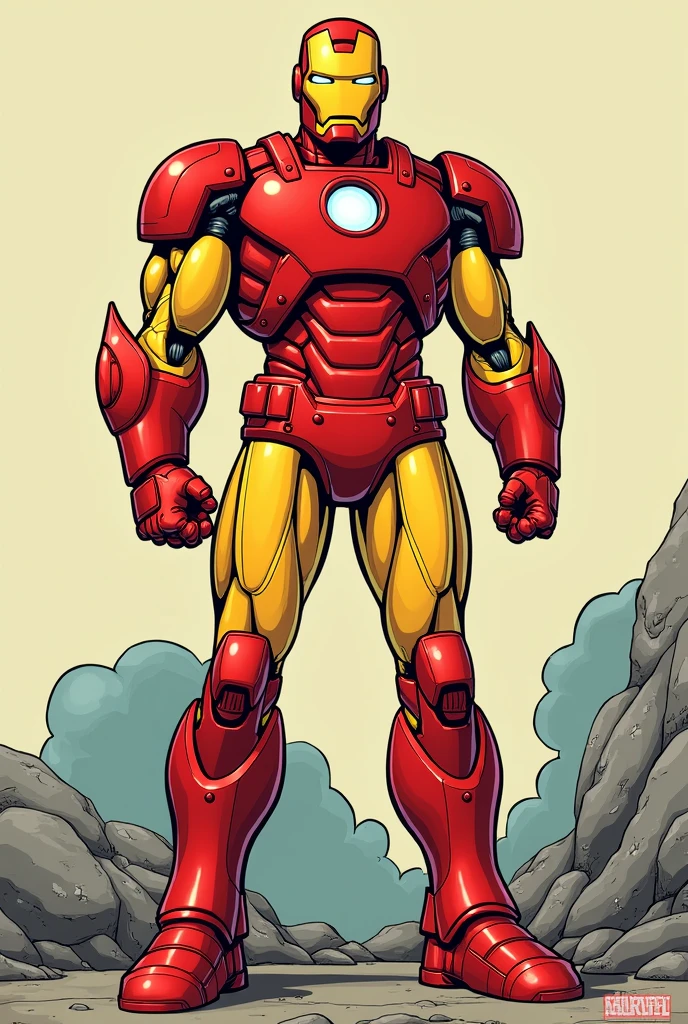 A comic book classic model 4 ironman in cartoony With a more retro look Like with the Red suit with the gold on the arms and no shoulder pads and gold legs with red disc on the hips And red boots and red helmet With a yellow face plate That reveal his eyes inside of the suit