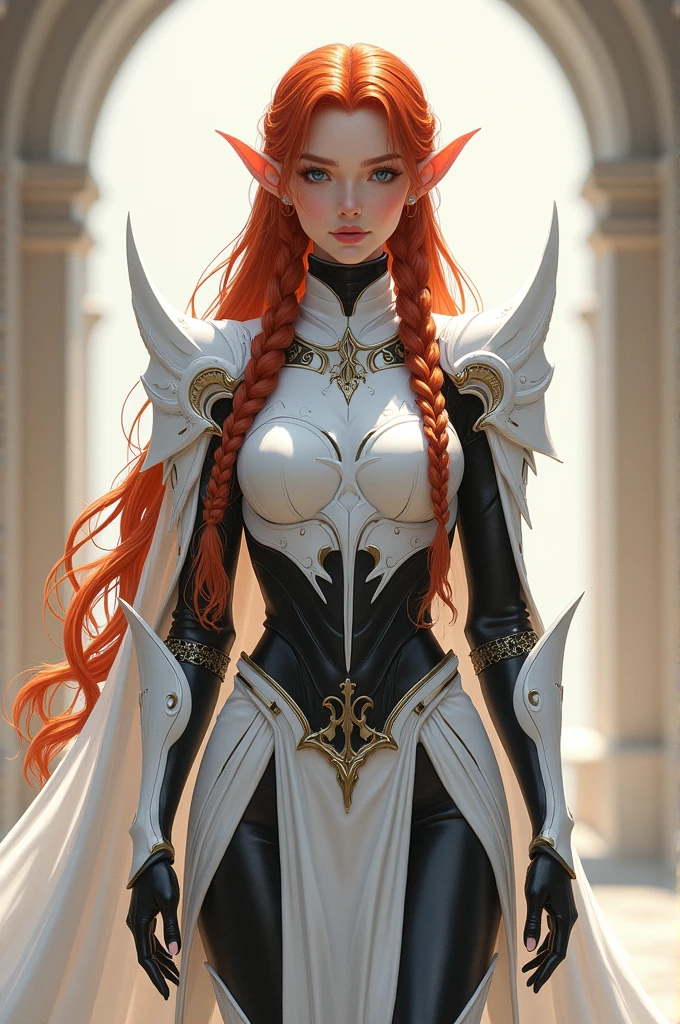 (masterpiece, top quality, best quality, official art, beautiful and aesthetic:1.2), (elf), (1girl), solo, Bangs, long hair, red twin Braid hair,((dessertpunk X white armor)),long black glovelack pantyhoses,Handsome standing with white boots, highest detailed, art by Artgerm, by Kawacy, By Yusuke Murata