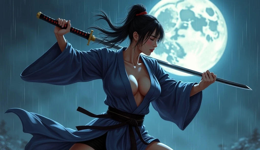 beautiful japanese woman with big breasts in a revealing short kimono, with a samurai sword, in a fighting pose, preparing to strike, night, big moon, moonlight, strong wind, raindrops,