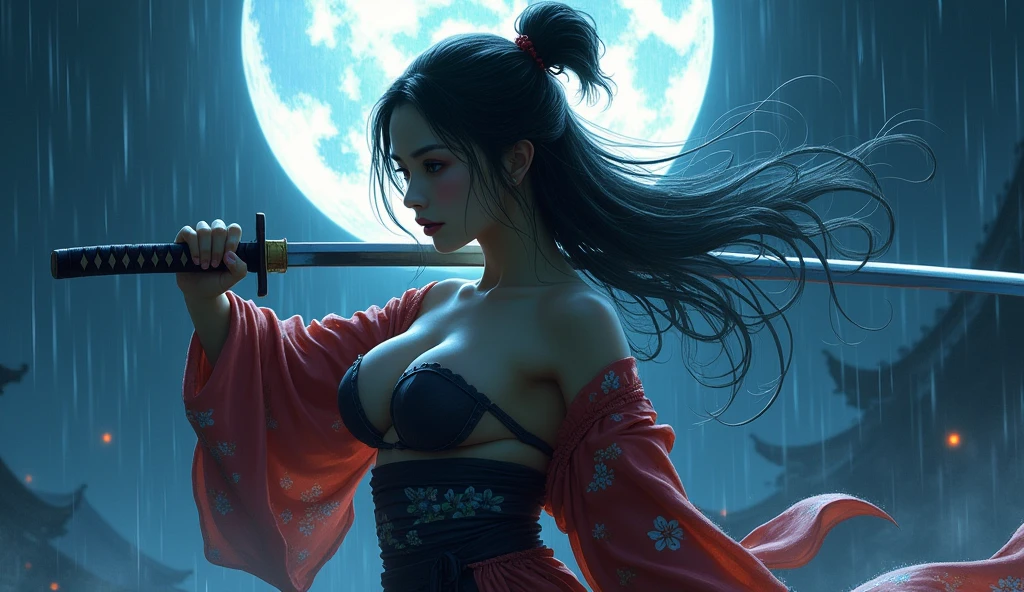 beautiful japanese woman with big breasts in a revealing short kimono, with a samurai sword, in a fighting pose, preparing to strike, night, big moon, moonlight, strong wind, raindrops,