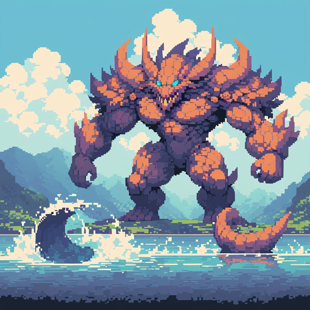 The prompt for generating a pixel art could be: "pixel art,(best quality, high resolution, detailed),(retro, nostalgic) colors,8-bit style,crisp lines and edges,small canvas,blocky pixels,limited color palette,low-fi graphics,dark colors,iconic pixel characters, lake final boss, undead"
