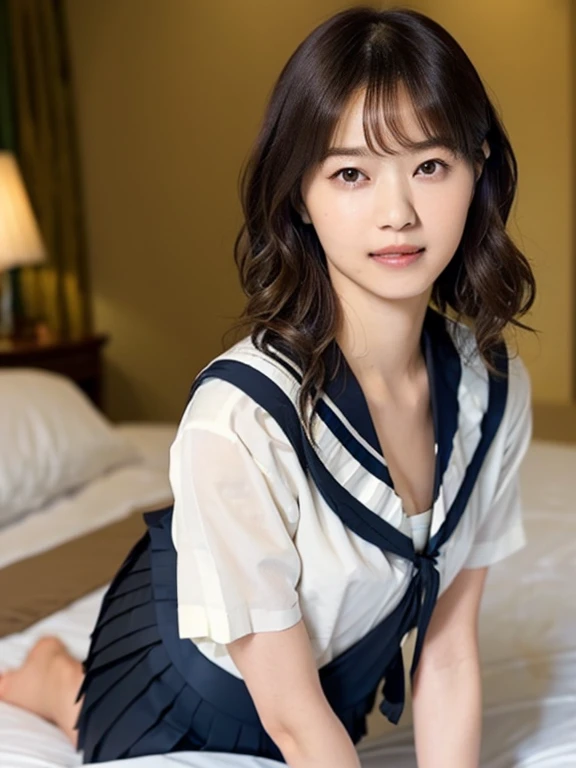 (Masterpiece, Best quality: 1.4), (Ultra realistic, Photo-realistic: 1.2), Full body, (kneeling: 1.2), Natural light, 25 years old actress, Japanese women, (arms behind back: 1.1), Neat and clean, (representative sailor suit:1.3), School type suit, (White short sleeve shirt, Black collar:1.1), (unbutton:1.2), (Darknavy pleated skirt, Black pleated skirt:1.3), (Black necktie), Short ponytail, Short wavy hair, Light brown hair color, (Beautiful Face), Oval face, clear, (Beautiful eyes, Kind eyes), (Clear skin), Small face, (Small mouth, Beautiful mouth), Natural makeup, Approachable, Luxury hotel Suite room, On bed, (nsfw:1.3), Seductive smile, (Seductive pose:1.2), (Beautiful thighs:1.1), Bedroom eyes,