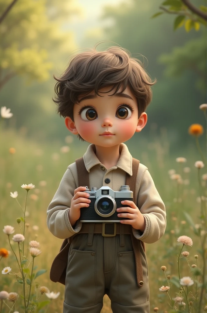 A inocent boy stand with a camera 