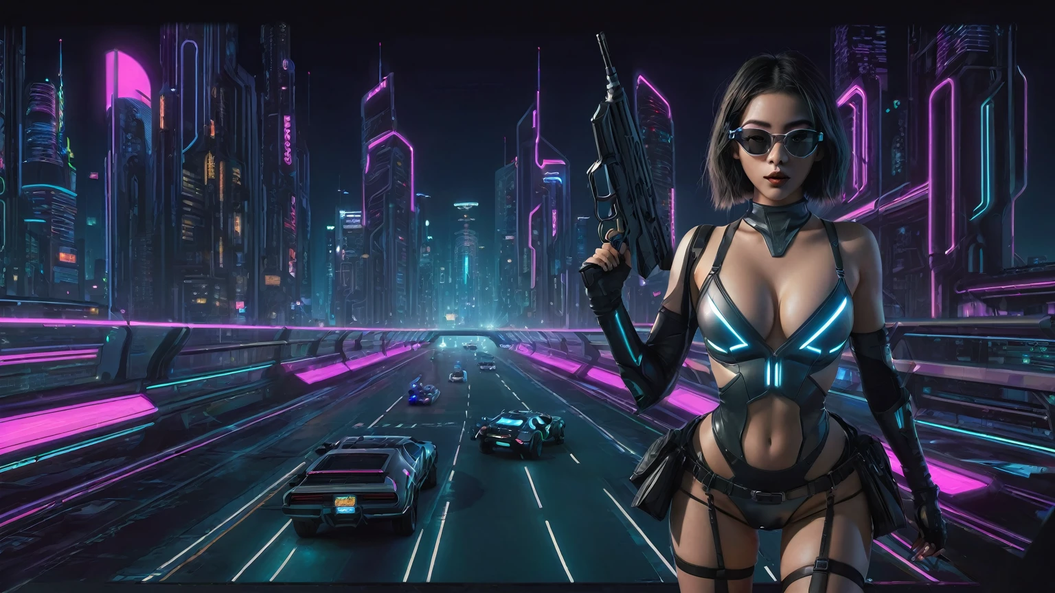 At night, simple outlined cyberpunk city, flying cars, line art background. (1girl, solo), photo realistic, medium-breast:1.3 slim body, cleavage, sling top, miniskirt, black sunglasses, holding a short gun, half-body thigh level medium shot, cinematic lighting, ray tracing.