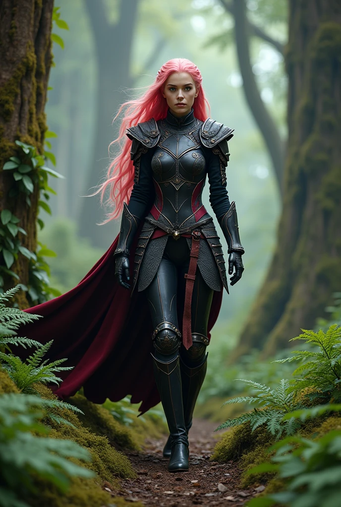 beautiful woman with long pink hair and hazel eyes, clad in black and red tarfaryen armor, walking in a forest. full-body image.