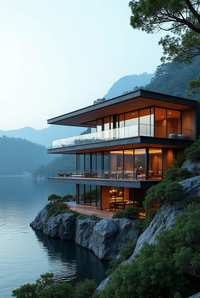 Overlooking the lake、A luxury villa with high glass ceilings