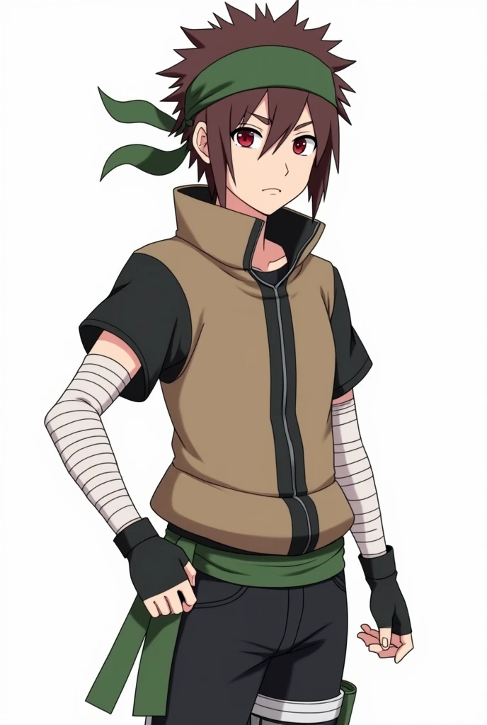Naruto Style, Whole body, man, Short brown hair, ojos achinados color rojo , green bandana, Brown short sleeve jacket, bandages on the arms, black fingerless gloves, black pants, green ribbon on her waist, anime, 4k, White background