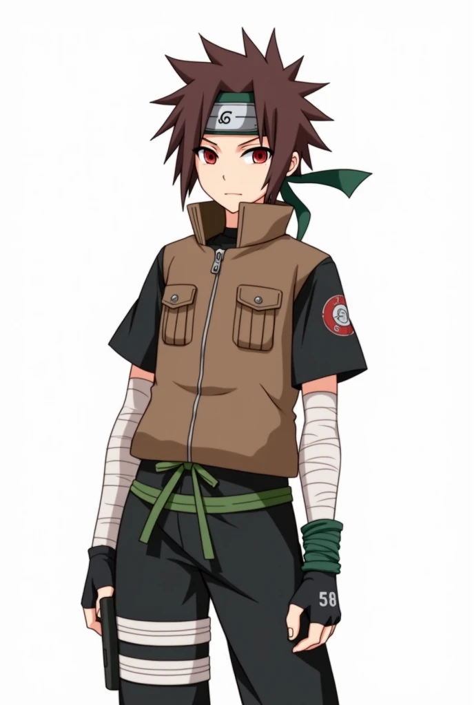 Naruto Style, Whole body, man, Short brown hair, ojos achinados color rojo , green bandana, Brown short sleeve jacket, bandages on the arms, black fingerless gloves, black pants, green ribbon on her waist, anime, 4k, White background