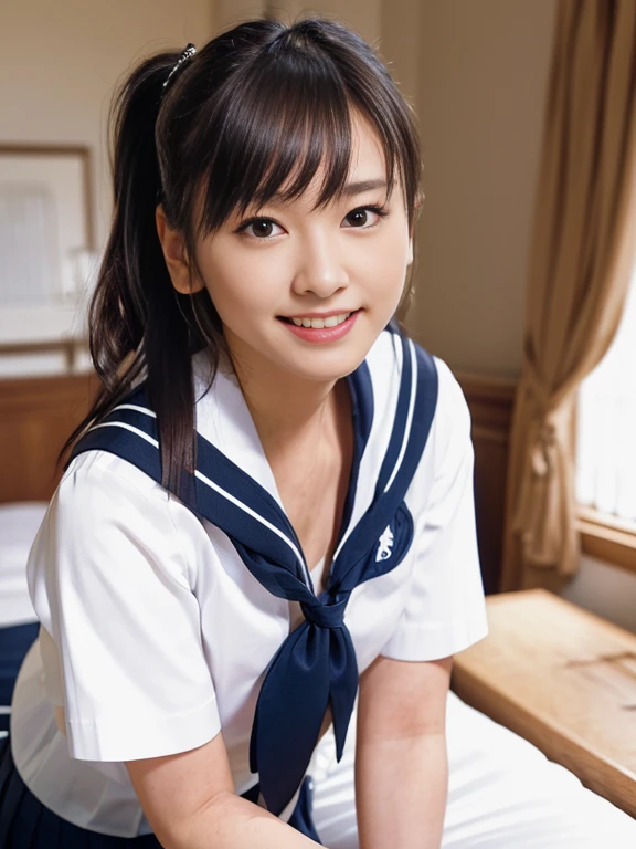 (Masterpiece, Best quality: 1.4), (Ultra realistic, Photo-realistic: 1.2), Full body, (kneeling: 1.2), Natural light, 25 years old actress, Japanese women, Neat and clean, (representative sailor suit:1.3), School type suit, (White short sleeve shirt, Darknavy collar:1.1), (unbutton:1.2), (Darknavy pleated skirt:1.3), (Darknavy necktie), Short ponytail, Short wavy hair, Light brown hair color, (Beautiful Face), Oval face, clear, (Beautiful eyes, Kind eyes), (Clear skin), Small face, (Small mouth, Beautiful mouth), Natural makeup, Approachable, Luxury hotel Suite room, On bed, (nsfw:1.4), Seductive smile, (Seductive pose:1.3), (Beautiful thighs:1.1), Bedroom eyes,