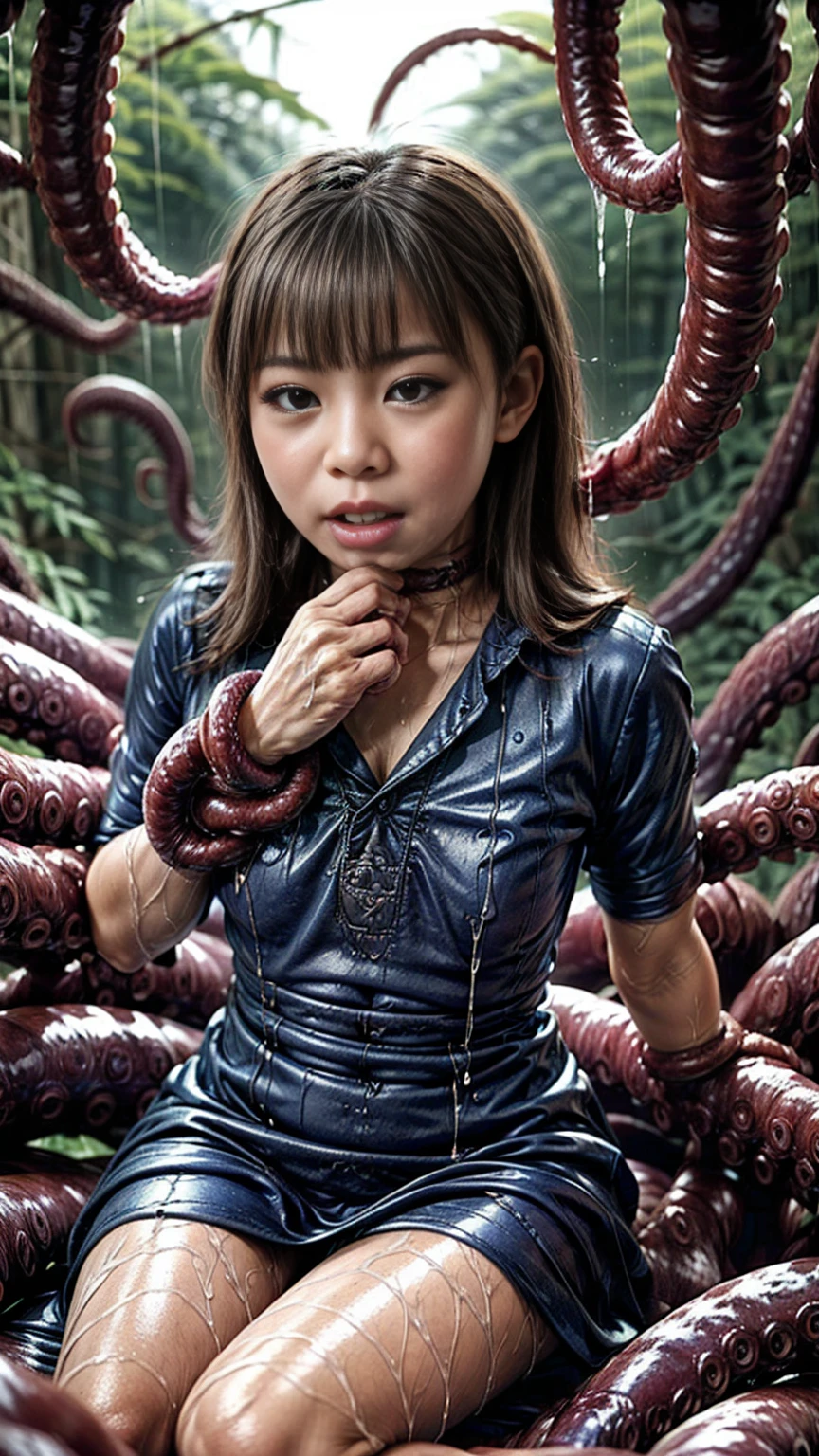 creepy tentacles are (((licking))) Asian school girl (inside creature:1.4) of stinky saliva fluids in fantasy, (stinky dress), wet girl, sitting, ((looking at the viewer)), wet skin, bukkake, anguished, bound by slimy tentacles, bdsm, vine, sitting in a mirror, she is resisting from cum shot, fetish, pussy juice stain, (she is hiding her mouth:1.5) inside creature, slimy ((wet skin)) dripping, (beautiful eyes), dried saliva, ((steaming)), depth of field, 1girl, solo, censored, ((white)) blouse, skirt, school girl, vore, photorealistic, slime, saliva