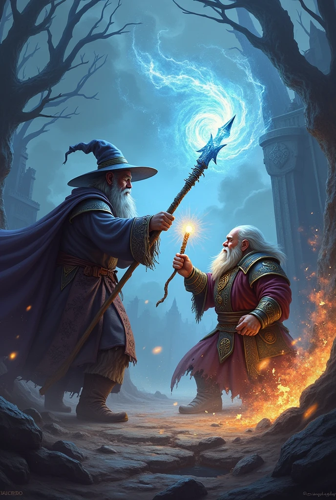 A human wizard fighting a dwarf wizard in DARK fantasy style photo