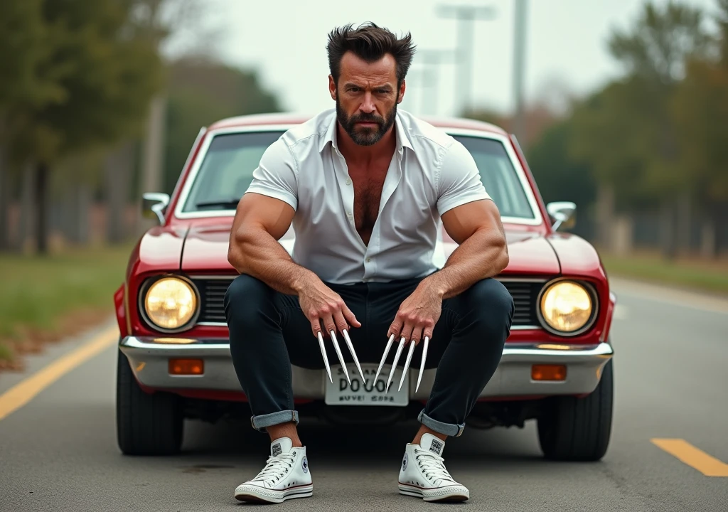 ((hyperrealistic)), ((best quality)), ((masterpiece)), (detailed), marvel wolverine very muscle hugh jackman sitting on lowrider with angry face and his claws out of his hands , wears mexican athletic white shirt and white converse shoes. at the back big calisthenics park. mid range photo