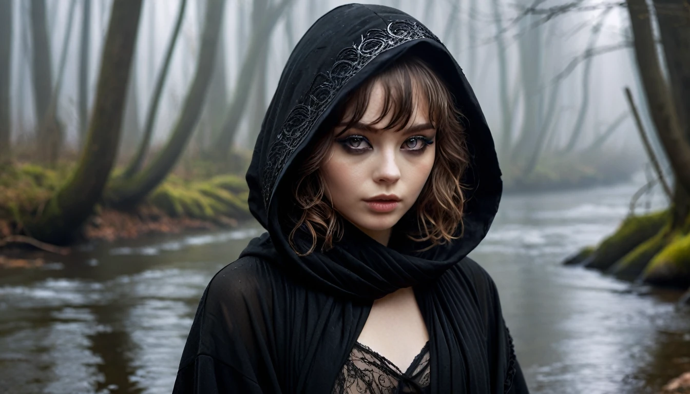 ((masterpiece, Fantasy,Only the left eye is closed,Black paint on eyelids and cheeks, Girl)), Brown wavy short hair,Pale skin, Black hooded robe,Heavy Robe,assassin, gray scarf, forest, Small River, fog,Thin lips