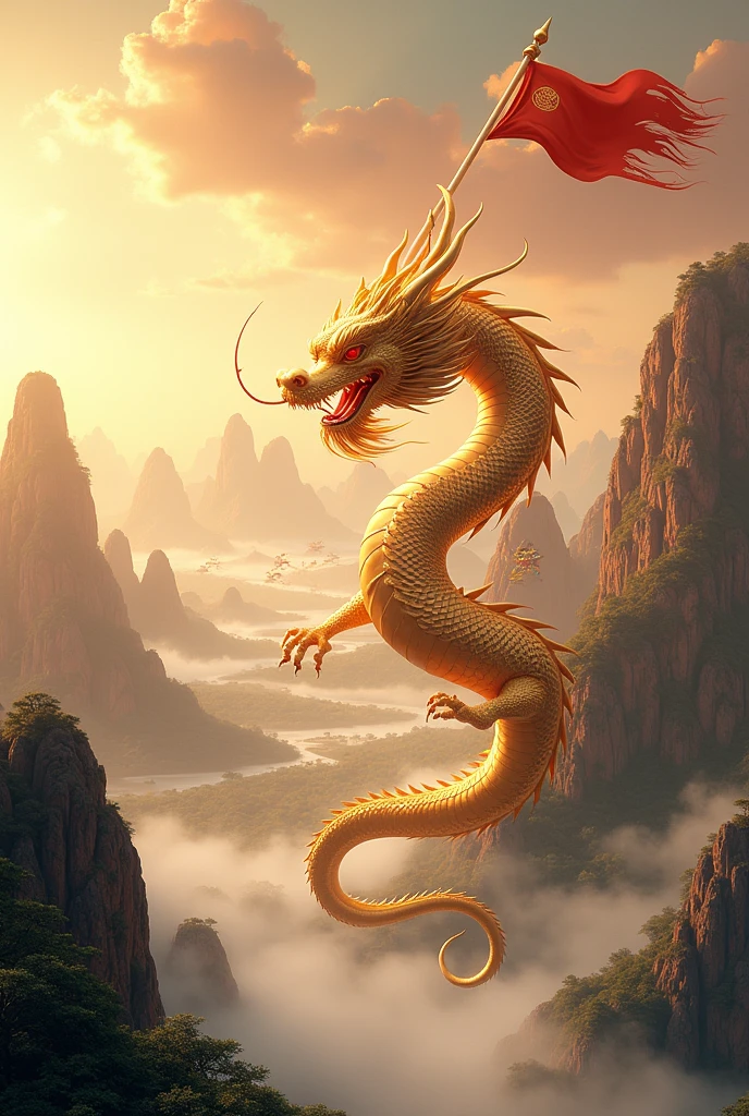 Chinese style golden dragon,Dragon and Dragon Chain,golden chain,A group of flying dragons,background chinese style,Mountains and rivers,dragon huge,flag waving