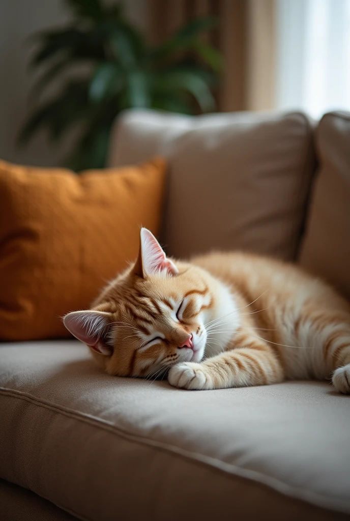A cozy living room with a sofa in the center of the image. on the couch, a cat is sleeping peacefully. The cat has a soft fur, and his position is relaxed, with eyes closed and in a comfortable position. The sofa can be of any color or design, but it should look comfortable and soft ,detailed, masterpiece, Best Quality, High resolution, 