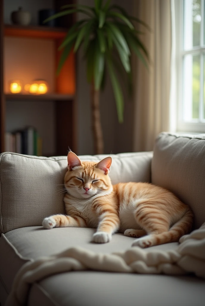 A cozy living room with a sofa in the center of the image. on the couch, a cat is sleeping peacefully. The cat has a soft fur, and his position is relaxed, with eyes closed and in a comfortable position. The sofa can be of any color or design, but it should look comfortable and soft ,detailed, masterpiece, Best Quality, High resolution,