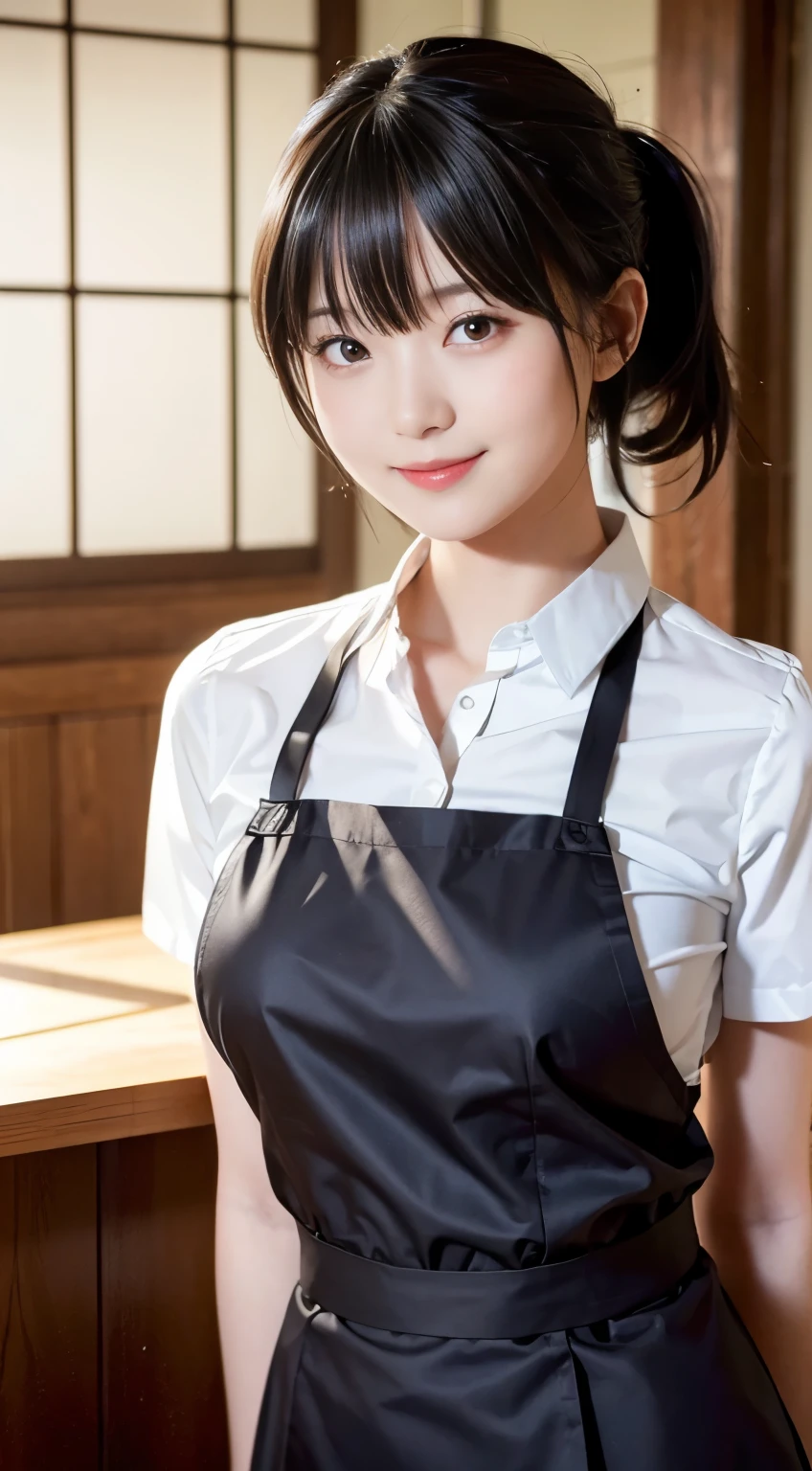 (Highest quality,masterpiece:1.3,Ultra-high resolution,),(Very detailed,Caustics),(Realistic:1.4,RAW shooting,)Ultra-Realistic Capture,Very detailed,High resolution 16K human skin closeup。 Natural skin texture、,pores、、、、It must be detailed enough to be easily identifiable。 Skin tone is even and healthy looking。 Use natural light and colour,restaurant,Waitress Uniform,1 girl,Japanese,18-year-old,cute,Black-haired,ponytail,Big Breasts,smile,Turn your body forward,(Front view:1.1),Looking into the camera,Cowboy Shot,