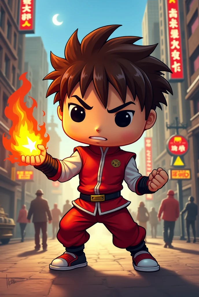 Create an image of a Kyo Kusanagi Kof Funko Pop TCG card in cartoon style with a street in the background. The character in an action scene with fire in his hand