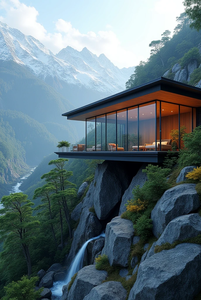 In the mountains of Japan、A luxury villa with high glass ceilings