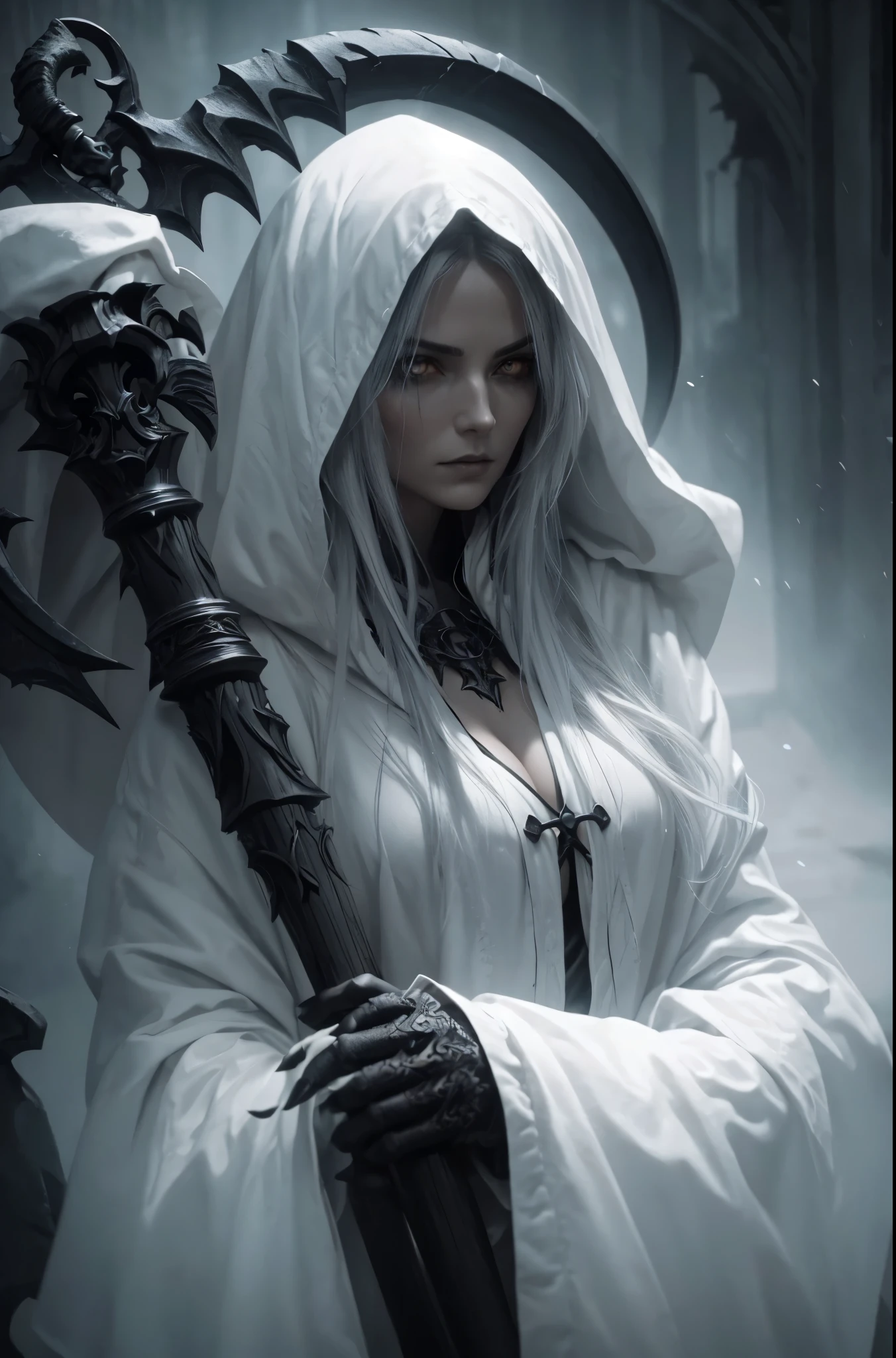 a female grimm reaper warrior, dark hooded robe, scythe weapon, gothic fantasy, intricate details, dark moody lighting, dramatic pose, intense glowing eyes, detailed facial features, long flowing hair, dark shadowy background, photorealistic, 8k, highly detailed, cinematic, dramatic lighting, dramatic atmosphere, striking pose