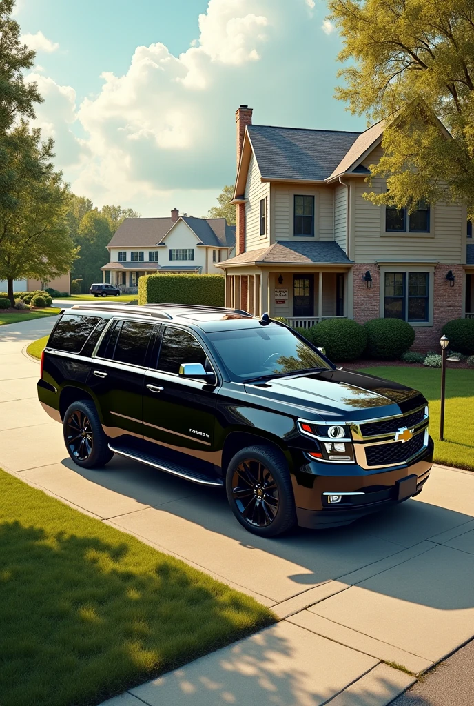 neighborhood home in collierville Tennessee with a black 2016 Tahoe truck with black rims. *HYPER REALISTIC*