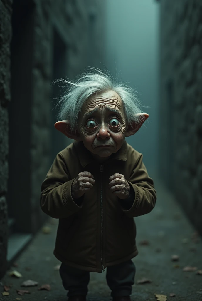 A very small man, gray hair with fear