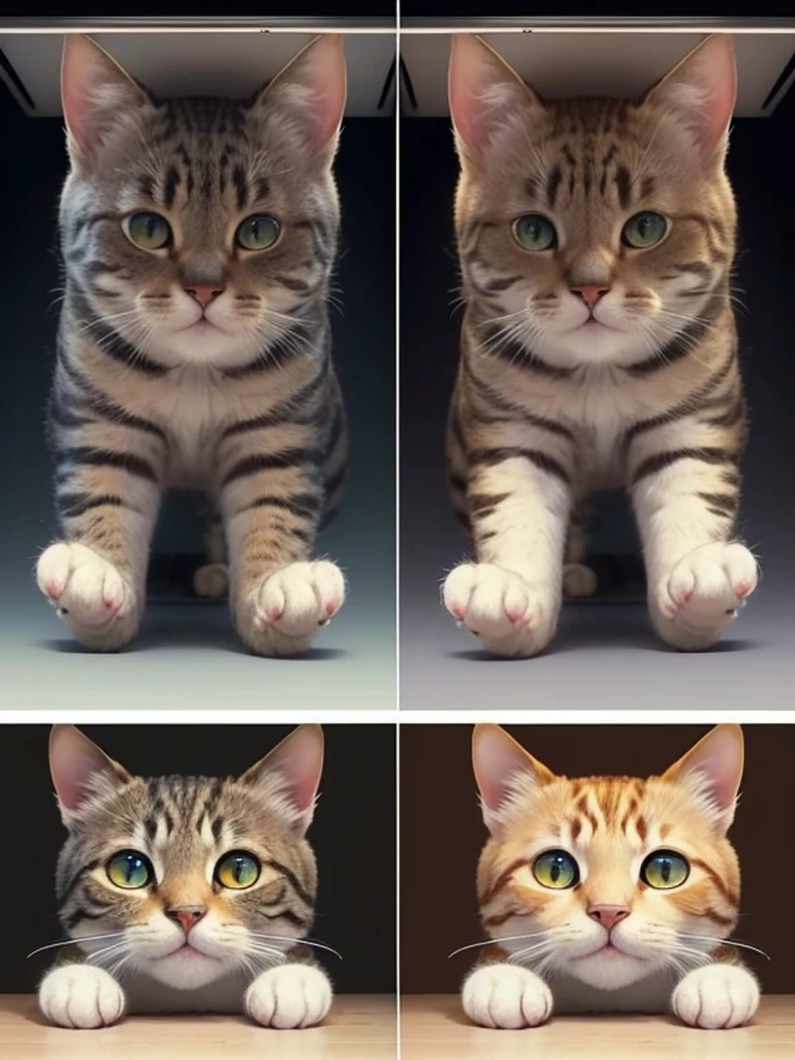 (split screens of top and bottom), Cat Spot the Difference, (Almost the same composition Top and bottom:1.3), (There are three slight differences between the screen above and the screen below), Train your brain! Find the differences with cat photos A cat-themed brain training puzzle for brain activity and learning, Cat Memes, ((masterpiece, best quality, digital imaging, high resolution photography)) 