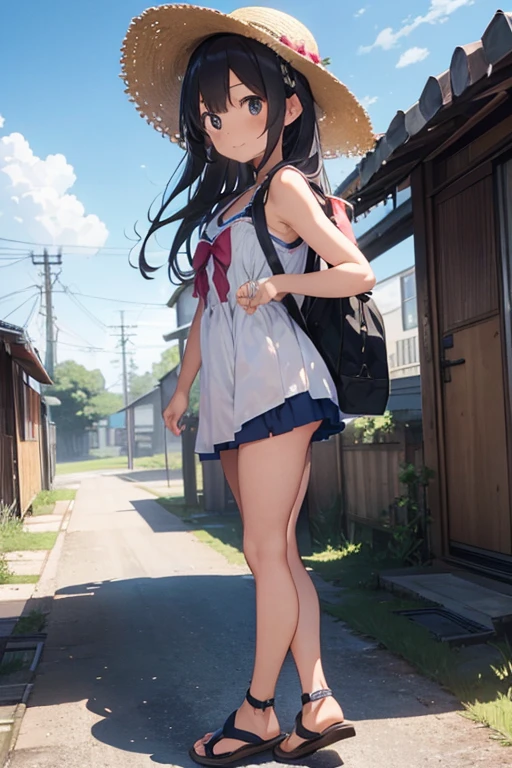 One Girl、12-year-old girl、Healthy girl、Strong sunlight、Summer sun、cumulonimbus、Blue sky、Japanese countryside、Rural Station、Old station building、誰もいない駅でOne Girlが電車を待っている、Standing on Home、Smiling、Slender,、small breast、Cleavage、Sandals、Straw hat、Long hair fluttering in the wind、Super cute、Clear skin、Sparkling Eyes、School Swimsuit、Detailed face、Detailed Hair、fullbody shot, back view, back shot, looking back at viewer, She's carrying her little sister、Holding hands