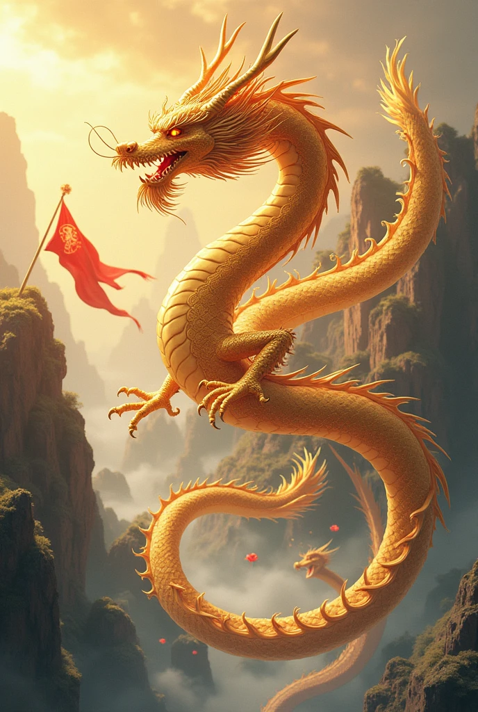 Chinese style golden dragon,Dragon and Dragon Chain,golden chain,A group of flying dragons,background chinese style,Mountains and rivers,dragon huge,background flag waving