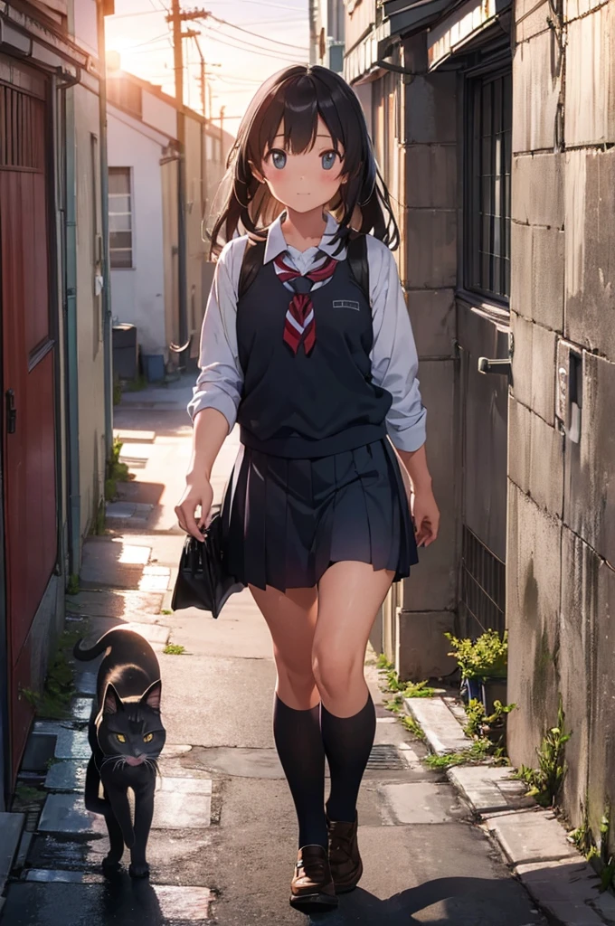 girl in school uniform with a grey cat, alleyway, sunset, 50mm lens