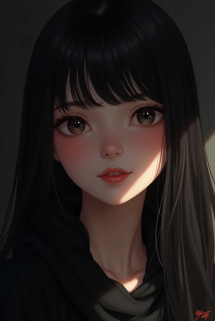 (ultra realistic), (illustration), (increased resolution), (8 K), (extremely detailed), (Best illustration), (Beautiful and detailed eyes), (Best quality), (Ultra detailed), (masterpiece ), ( wallpaper), (detailed face), One, 1 girl, I look at the viewer, Small parts, detailed face, In the dark, deep shadows, restrained, Clean face_v1, smiling, long hair, Black shawl with straight hair , side bangs 46 points