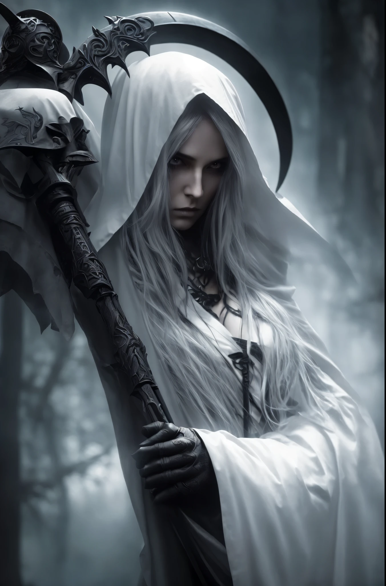a female grimm reaper warrior, dark hooded robe, scythe weapon, gothic fantasy, intricate details, dark moody lighting, dramatic pose, intense glowing eyes, detailed facial features, long flowing hair, dark shadowy background, photorealistic, 8k, highly detailed, cinematic, dramatic lighting, dramatic atmosphere, striking pose