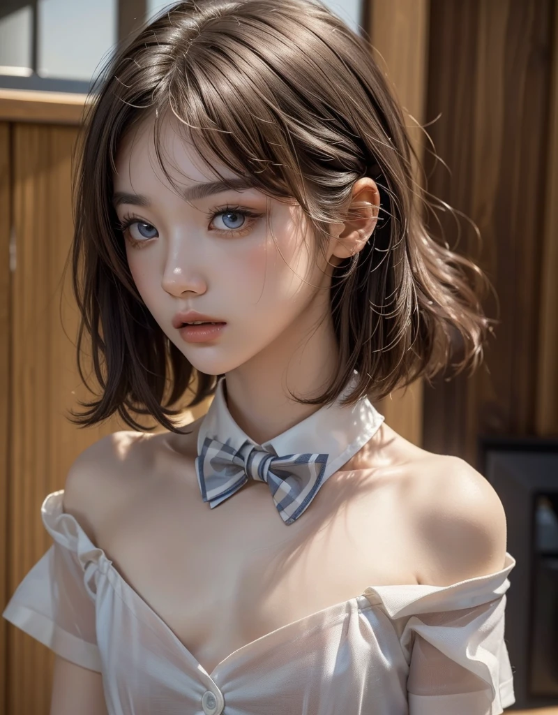 NSFW,(Masterpiece, BestQuality:1.8), (ultra detailed 8k cg:1.8), (hyperrealistic:1.35), (Photorealistic:1.45), (realistic:1.4), 8k,((Highest quality)),((masterpiece)),BREAK,((one girl)),(detailed),(in the Basketball Court),((One girl)),((perfect anatomy)),nsfw,((nude)),(naked),(Middle school students),((14years old)),((flat chest:1.6)),(stare at viewer with stern eyes:1.5),((delicate face and eyes)),((one girl)),( Bob Cut hair),(beautiful hair),surprised, ((beautiful realistic face)),((skinny:1.5)),((slim body)),(delicate face and eyes), ((Equal left and right eyes)),Beautiful Korean Women, Beautiful young Korean woman, Young and adorable Korean face, Gorgeous Young Korean Woman, Korean Girls, Girl cute beautiful face, Portraits of Korean female idols, Young and pretty Asian face, Cute natural anime face,Asian pretty face,((finely detailed face)),(big eyes:1.2),((beautiful eyes)) ((glistening eyes)),((large eyes)),(( pretty eyes)),((A bow tie:1.3)),(detailed),(Perfect Face),(Lanky:1.2),((One girl)), ((clear eyes:1.6)),((show nipples)),((beautiful skin)),don't wear anything ,(upper body),(Equal left and right eyes), (nsfw:1.5),(show nipples),(don't wear anything),(nipples facing upwards), correct arm,(Scared:1.3),(guilty expression),school uniform,(short White sleeve:1.2)