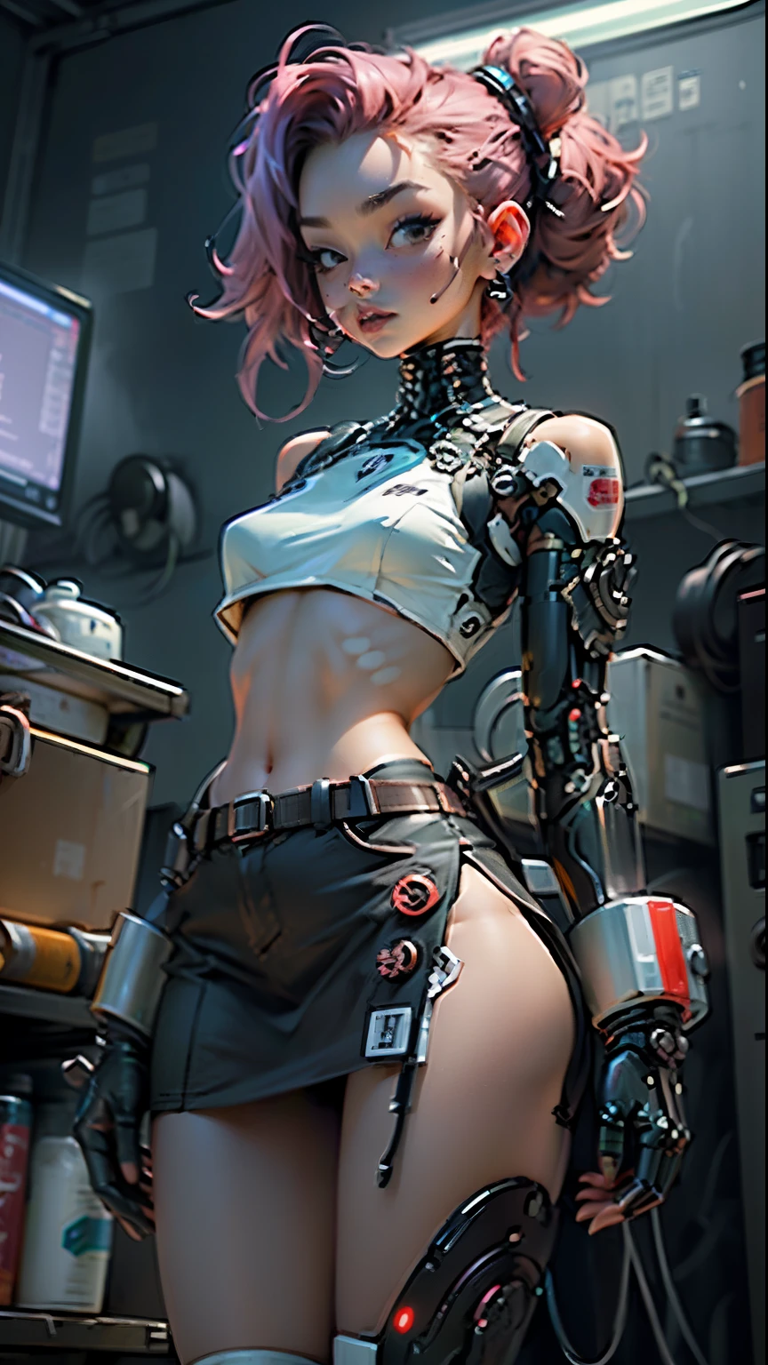Female body with thick thighs defined by cybernetic body parts, Micro Mini Skirt。