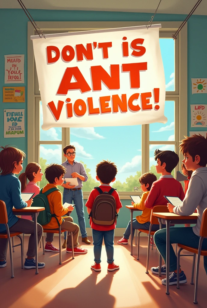 I want you to create an image that reflects not bullying in schools and to show that it is wrong but that it is lively for a school and where it says no to violence in schools with letters.