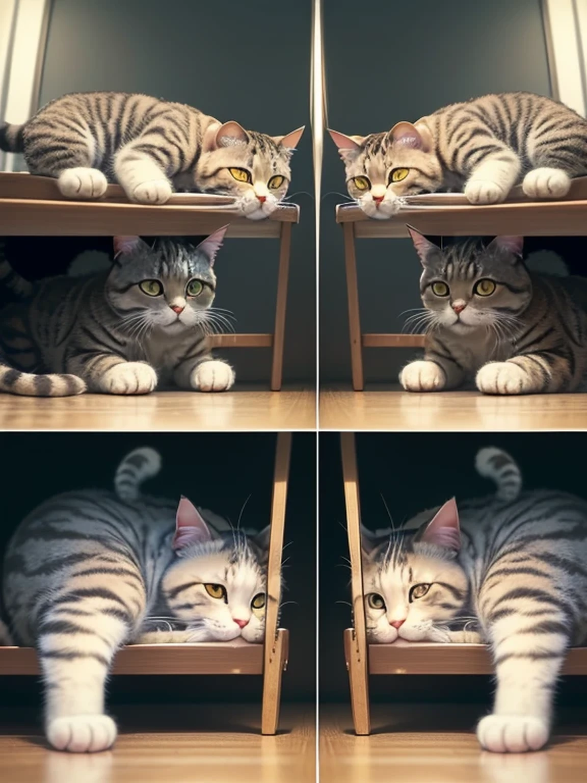 (split screens of top and bottom), Cat Spot the Difference, (Almost the same composition Top and bottom:1.3), (There are three slight differences between the screen above and the screen below), Train your brain! Find the differences with cat photos A cat-themed brain training puzzle for brain activity and learning, Cat Memes, ((masterpiece, best quality, digital imaging, high resolution photography))