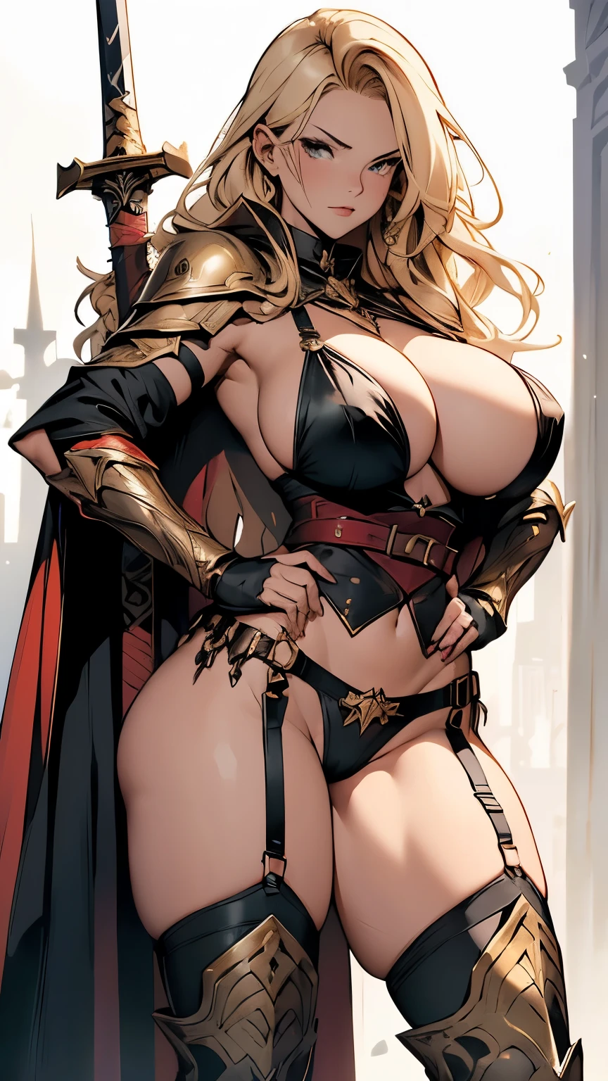 True Face、Holding the sword with both hands、Blonde、Black Cape、Big red crotch tattoo、Black metallic string bikini、(Huge breasts:1.5)、Underboob、Sideboob、garter belt、Camel toe、Thick thighs、Wide Hips、curve、Golden Gauntlet、Gold Long Boots、NSFW