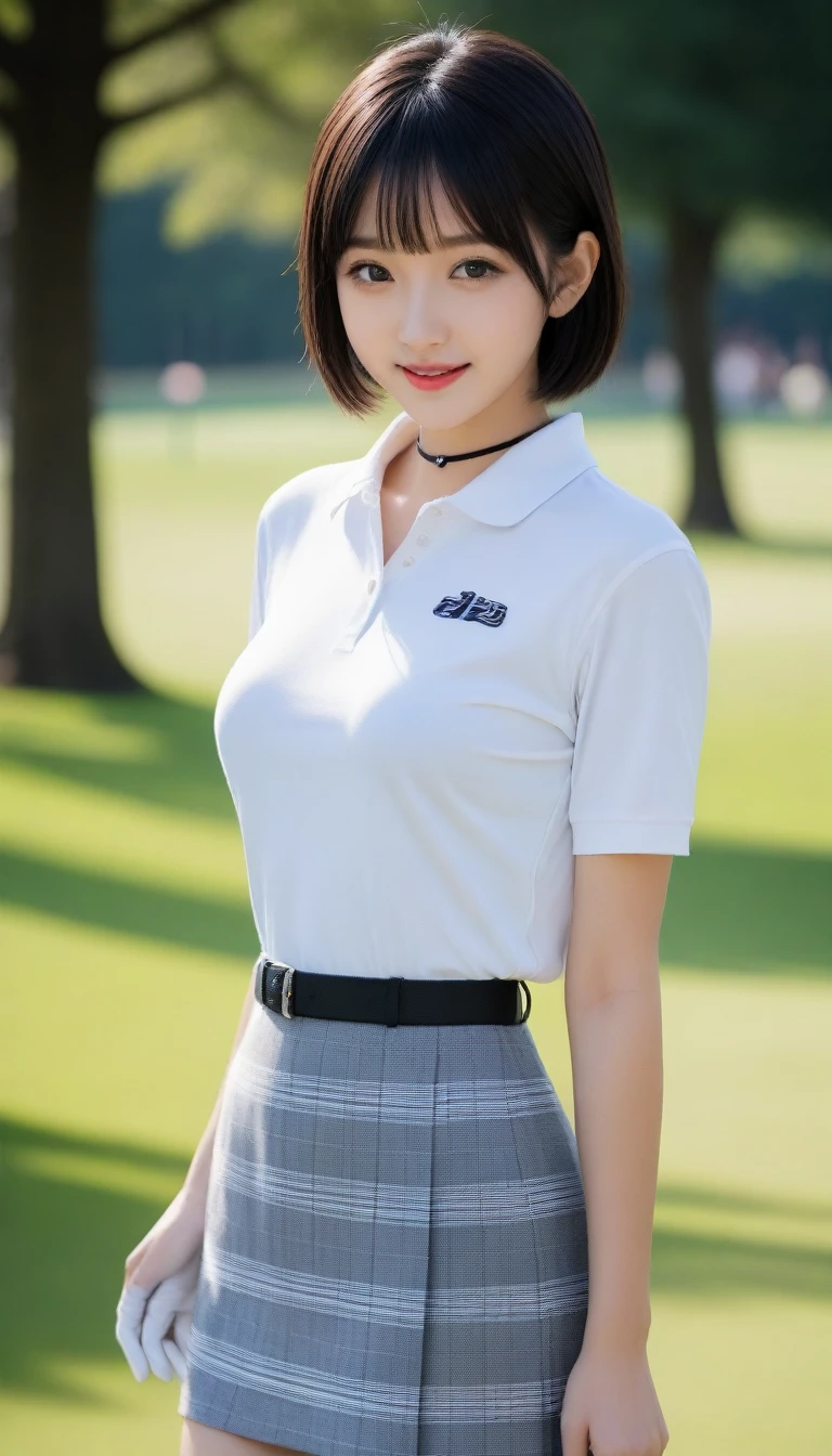 8k, Ultra-high resolution, Highest quality, masterpiece, 三分割法によるphotograph,Surreal, photograph, 1 girl, (16 years old:1.3), pretty girl, Cute Face, Beautiful eyes in every detail, 細かくdetailedに,masterpiece,, One Girl:1.2, Japanese high school girls,cowboy shot,smile,Black hair,Bowl cut, Natural skin texture,((very small head:1.3)),Gorgeous eyes,smile,((Toned body,Slender body,skinny)),(Golf Wear:1.5),(Golf course:1.5),Pencil Skirt,Knee socks,Sensual,(Tight waist:1.4)、(Beautiful girl with perfect body proportions:1.4),Red lips,(choker:1.4),Thin lips,屈託のないsmile,Heal the heart,Please close your mouth and laugh、(((Ideal body type))),A-cup small breasts :2,、Portraiture:2,Looking at the audience,Perfect Anatomy,鮮明なdetailed,detailed,Surreal,Light and shadow,sunbeam