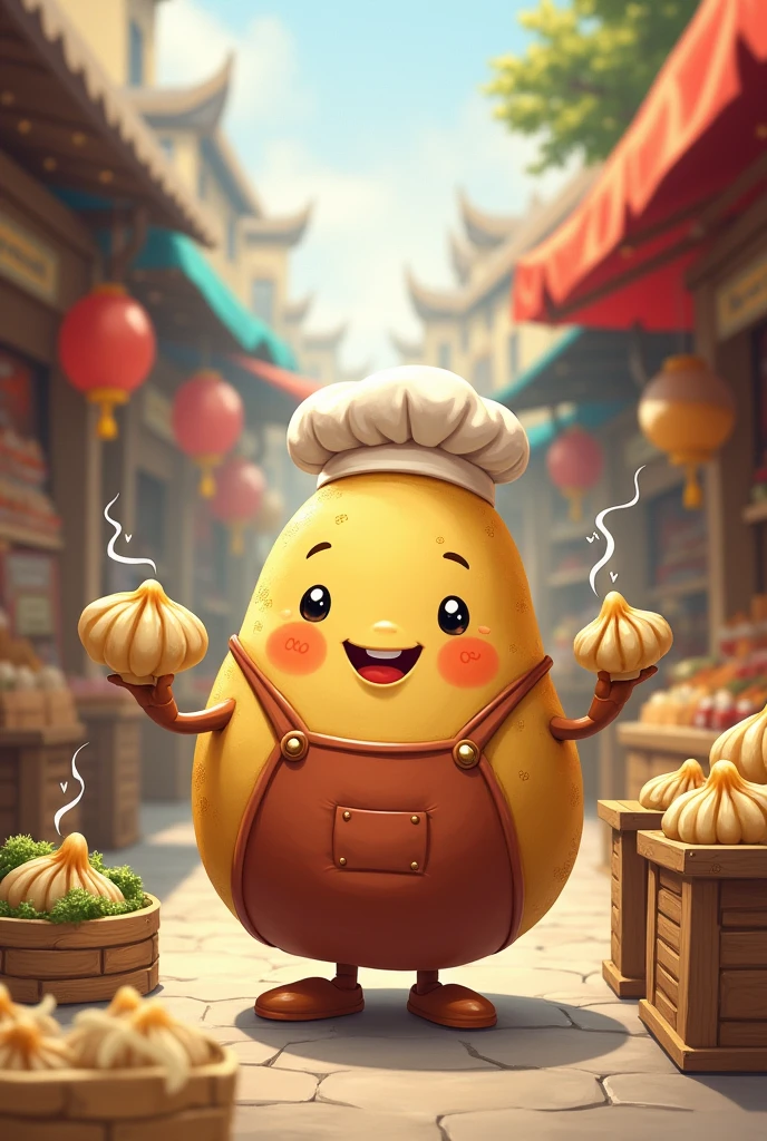 A potato character selling dumplings
