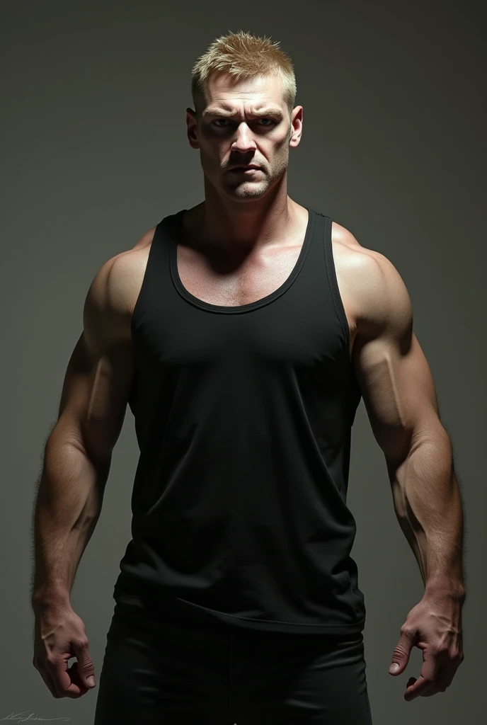 white man, hot, handsome, wide jawline, big nose, dark eyes, evil eyes, young, black tank top, robber, psycopath, veiny hands, veiny arms, big hands, dark blonde hair, buzz cut, thick upper lips, square chin, shaved.