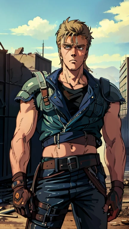 (s:1male: Dolph Lungren), (extremely detailed CG unit 8k wallpaper),(master part), (best quality), (ultra detail), (best illustration),(post-apocalypic_fashion), cowboy shot, (Sharp eyeliner, ombre, detailed eyes:1), post- apocalypic abandoned building background, ,break , (HNKstyle), upper body,