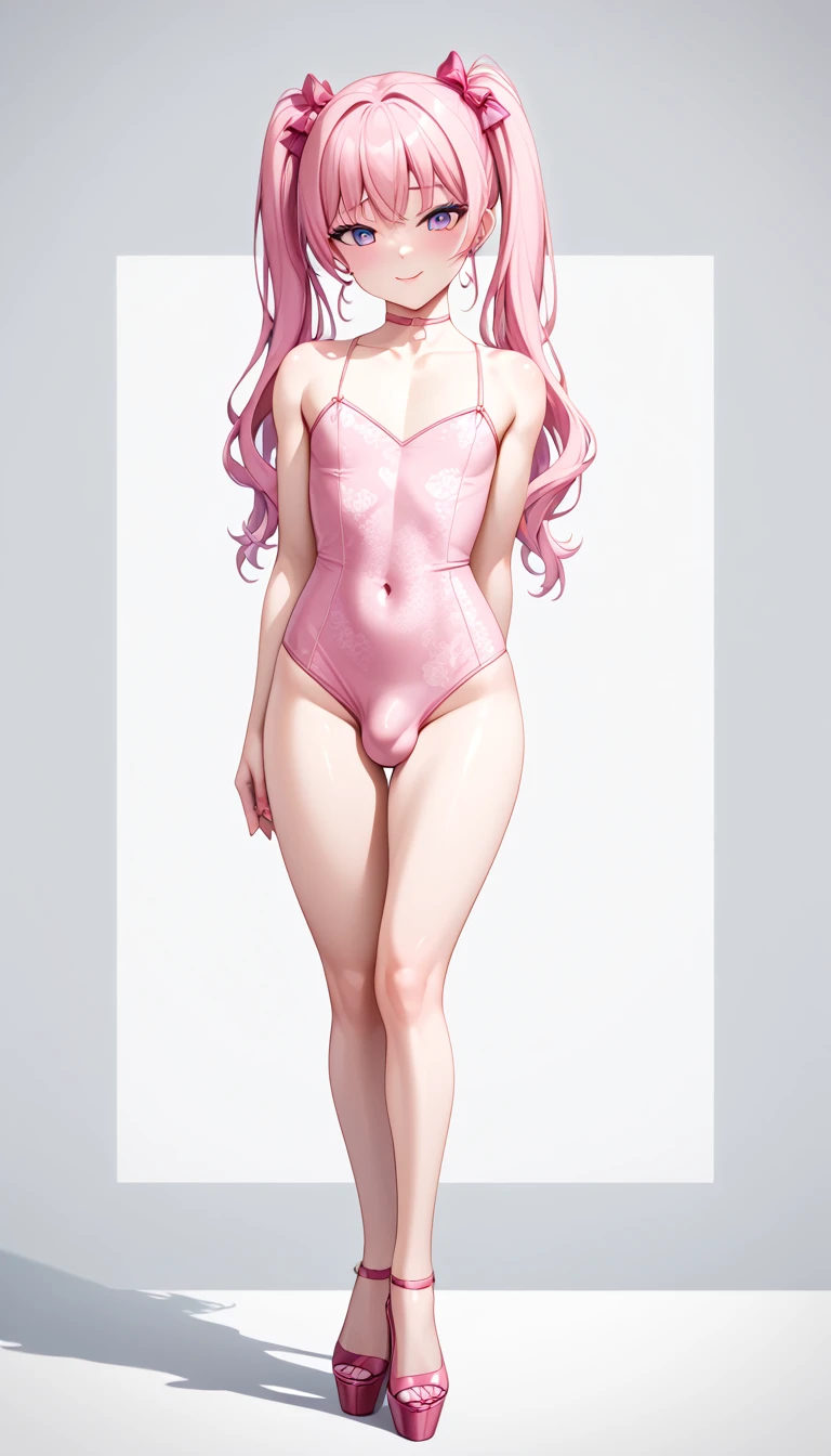 (extremely detailed CG unity 4k wallpaper),(masterpiece),(best quality),(ultra-detailed),(best illustration),(best shadow),(absurdres),(detailed background), CFemboy, bulge, Fully clothed, SFW, High heels, sexy clothes, flat chest, Very long hair (Twintails), pale skin, Pink hair, blushing, shy, pink eyeliner, pink lipstick, pink nails, shy smile, Bedroom background, pink nails,