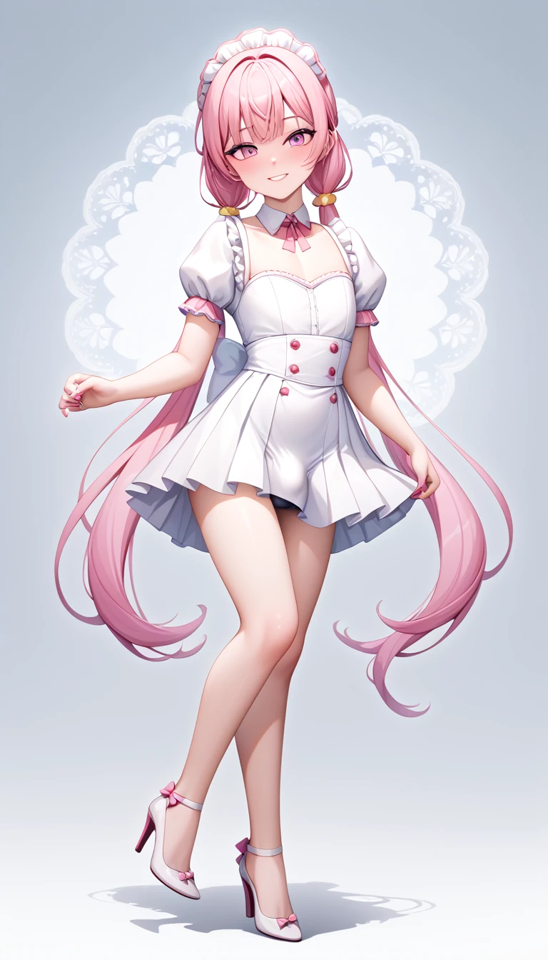 (extremely detailed CG unity 4k wallpaper),(masterpiece),(best quality),(ultra-detailed),(best illustration),(best shadow),(absurdres),(detailed background), CFemboy, bulge, Fully clothed, SFW, High heels, sexy clothes, flat chest, Very long hair (Twintails), pale skin, Pink hair, blushing, shy, pink eyeliner, pink lipstick, pink nails, shy smile, Bedroom background, pink nails,