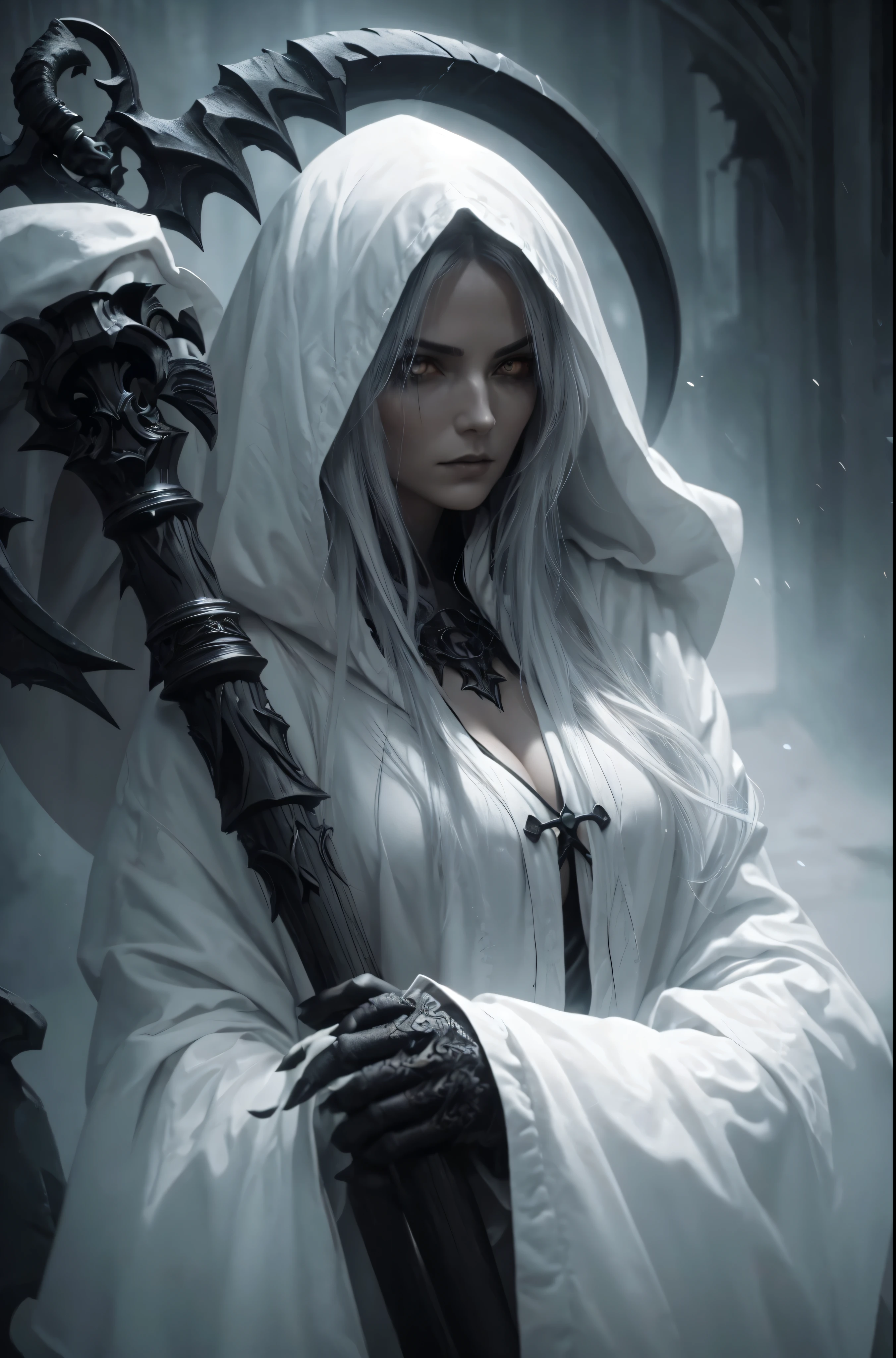 a female grimm reaper warrior, dark hooded robe, scythe weapon, gothic fantasy, intricate details, dark moody lighting, dramatic pose, intense glowing eyes, detailed facial features, long flowing hair, dark shadowy background, photorealistic, 8k, highly detailed, cinematic, dramatic lighting, dramatic atmosphere, striking pose