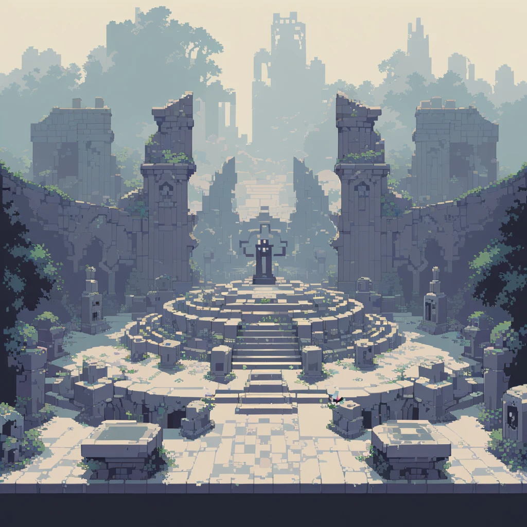 The prompt for generating a pixel art could be: "pixel art,(best quality, high resolution, detailed),(retro, nostalgic) colors,8-bit style,crisp lines and edges,small canvas,blocky pixels,limited color palette,low-fi graphics,dark colors,iconic pixel characters, cementery, final stage"